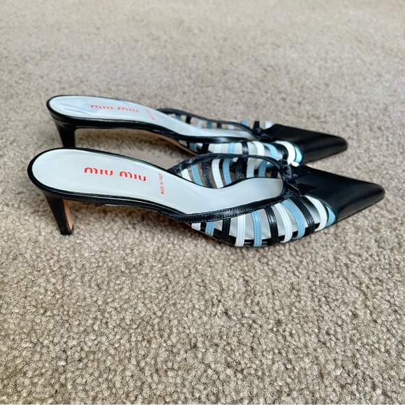 MIU MIU Blue/Black Leather Low Heeled Slides Sz 37 - Picture 2 of 12